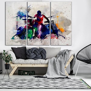 Drummer Wall Art on Canvas Drum Art Print Music Poster Multi Panel Print Silhouette Poster Music Wall Decor Gift for Musicians image 2