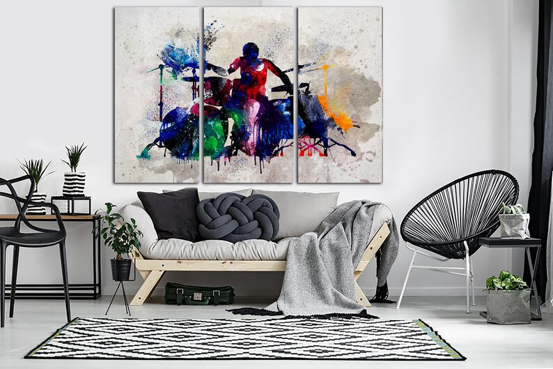 Drummer Wall Art on Canvas Drum Art Stampa Musica Poster Multi Panel Stampa Silhouette Poster Musica Wall Decor Regalo per musicisti immagine 2