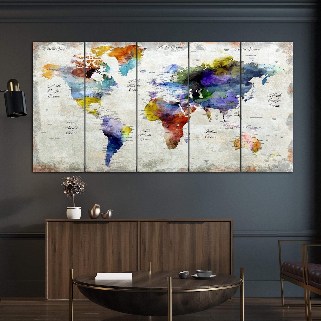 Watercolor World Map Canvas Colorful Abstract Atlas Print Vintage ...