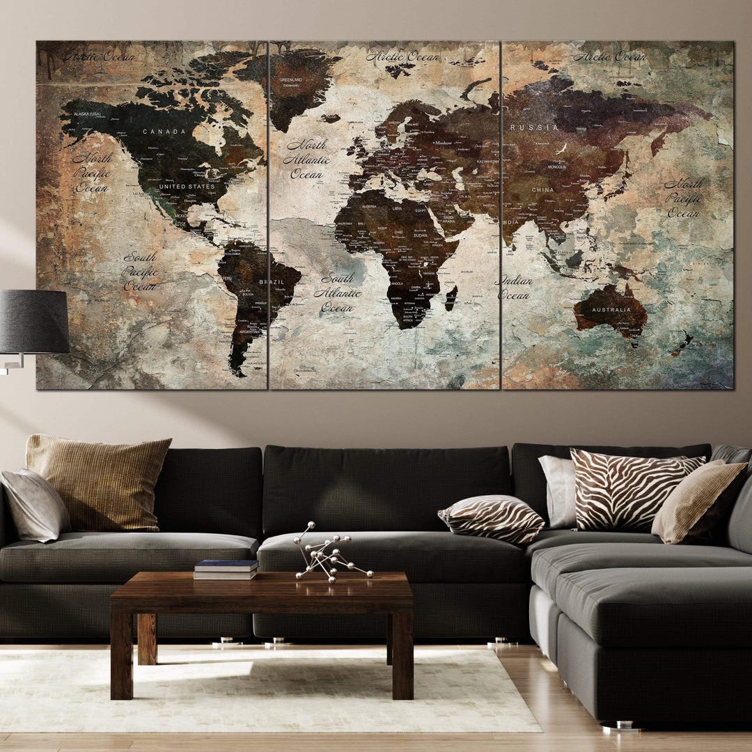 Vintage World Map Canvas – Rustic Multi Panel Wall Art for Office ...