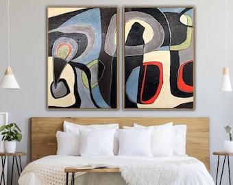Modern abstrakt diptyk, set med 2 geometriska kanvastavlor, väggkonst från mitten av århundradet