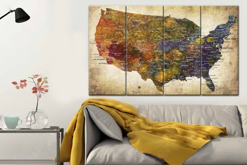 United States Map Large Wall Art USA Map Canvas Print Original Travel Artwork Custom Push Pin Map Gift North America Map Poster Home Decor image 3