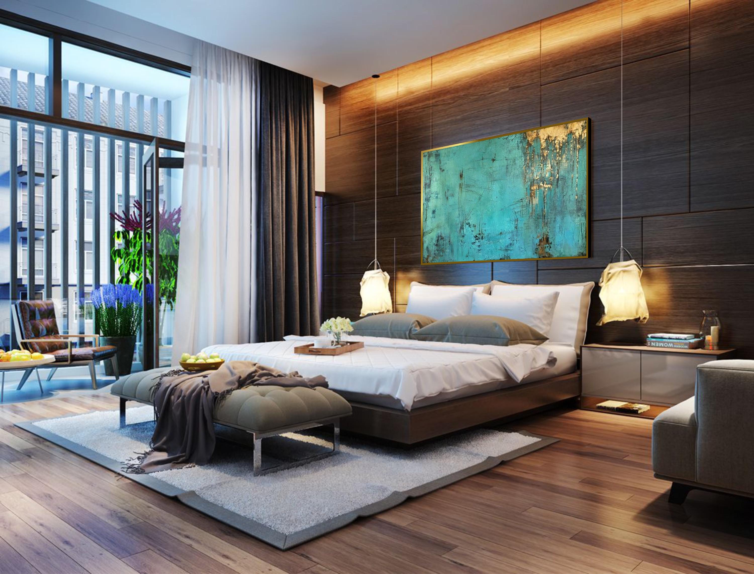 素朴なターコイズゴールドの抽象画 - モダンな壁のテクスチャアート