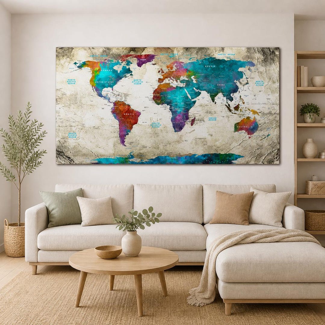 Large Colorful World Map Canvas Wall Art, Watercolor Abstract Atlas ...