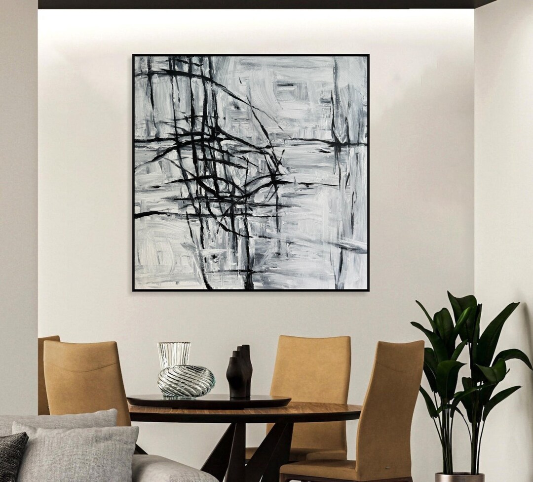 Large Black and White Abstract Lines Painting Textured Canvas Modern ...