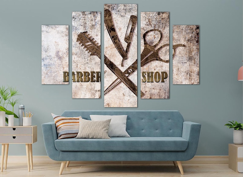 Barber Shop Sign Print on Canvas Salon Art Print Barber Logo Poster Hairdressers Shop Print Vintage Looking Sign Wall Art for Salon Decor 画像 1