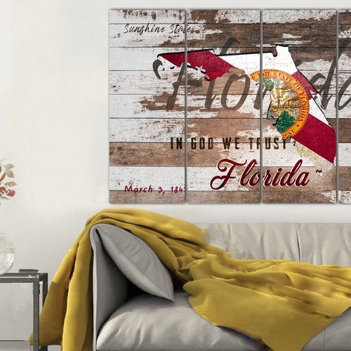 Florida Map Wall Art Florida State Flag Canvas Art Wooden Background Florida State Art Multi Panel Print shops Travel Map for Living Room Decor