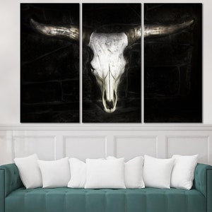 Bull Skull Print on Canvas Big Horns Wall Art Animal Skull Poster Multi Panel Wall Art Buffalo Horns Print for Indie Room Decor image 2