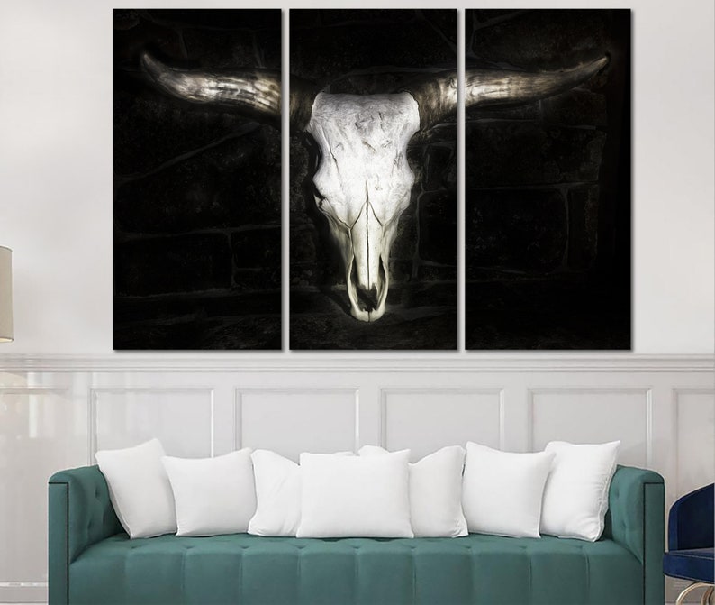 Bull Skull Print on Canvas Big Horns Wall Art Animal Skull Poster Multi Panel Wall Art Buffalo Horns Print for Indie Room Decor image 2