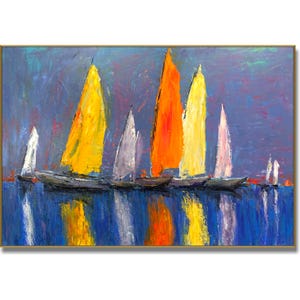 Pintura al óleo abstracta de veleros: arte náutico costero moderno (91 x 137 cm)