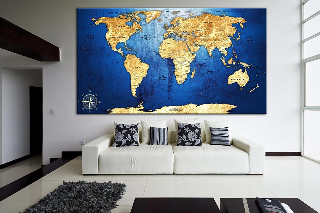 Travel Push Pin World Map Navy Blue Print Gold Map Printed Canvas Set ...