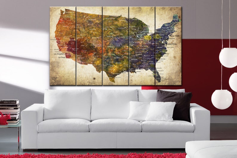 United States Map Large Wall Art USA Map Canvas Print Original Travel Artwork Custom Push Pin Map Gift North America Map Poster Home Decor image 4