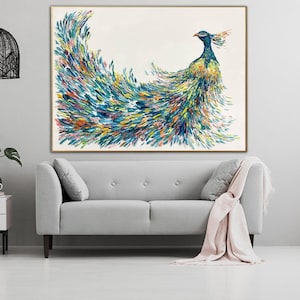 Large Colorful Peacock Painting – Textured Bird Wall Art Canvas