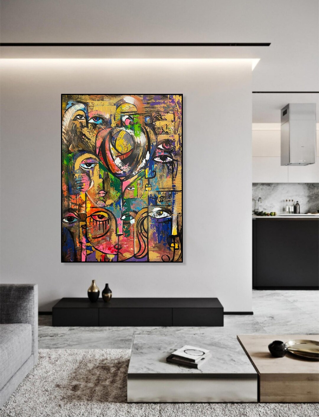 Large Colorful Abstract Faces Painting Expressionist Portrait Wall Art ...
