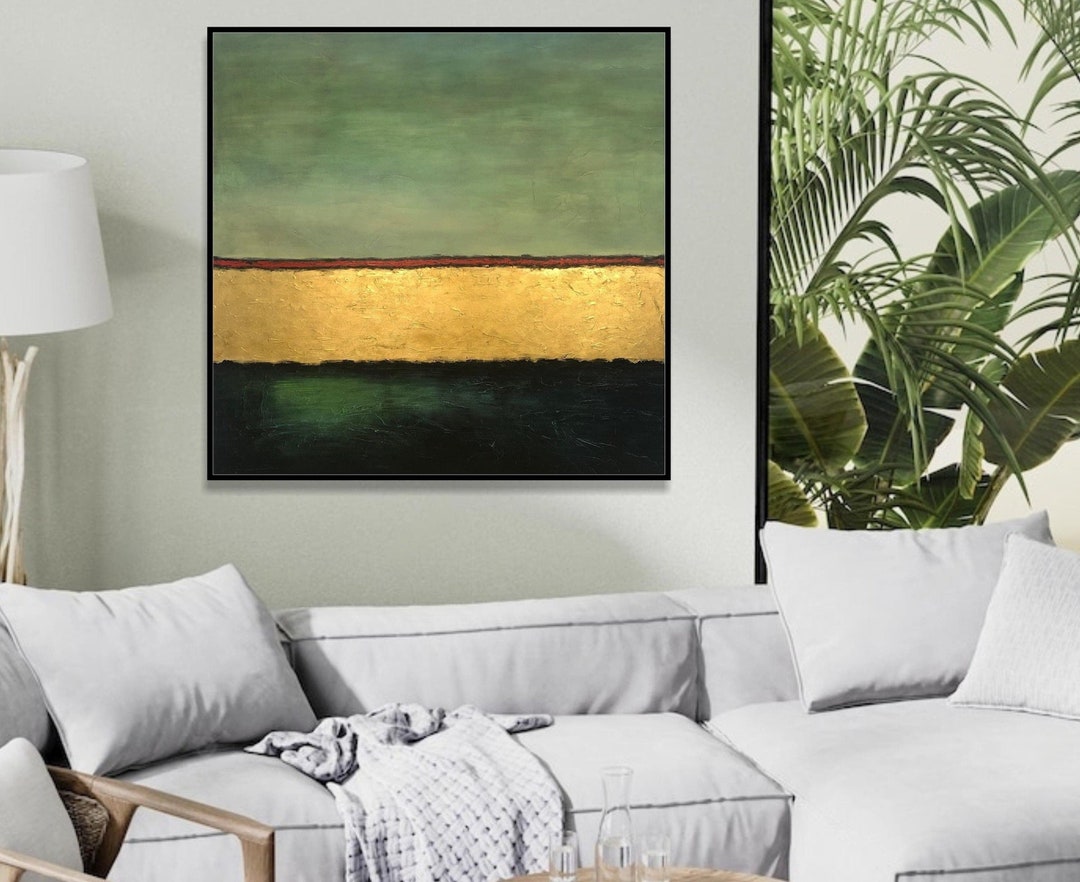 Large Green Gold Leaf Abstract Painting – Modern Minimalist Wall Art ...