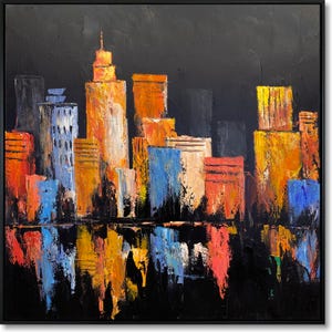 Kleurrijk abstract stadsgezicht schilderij op canvas getextureerde skyline op zwarte achtergrond moderne stedelijke muur kunst levendige stad muur decor 40 "x 40"