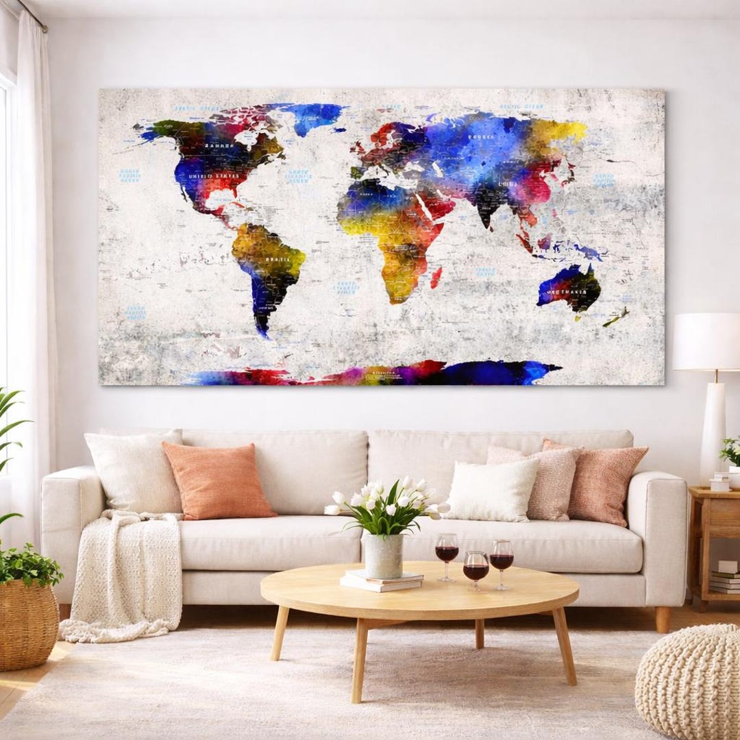 Watercolor World Map Wall Art Colorful Abstract Continents Vintage ...