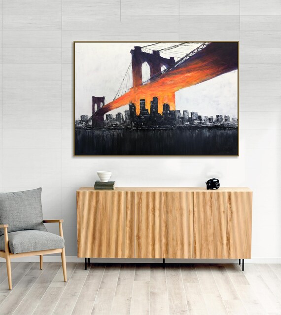 ニューヨーク　ブルックリン橋　油絵 Amazon.co.jp: 都市壁アート ニューヨーク油絵 ブルックリン橋