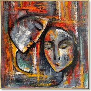 Original Abstract Cubist Couple Paintings on Canvas Bold Textured Acrylic Emotional Faces Art Modern Love Painting Figurative Wall Decor