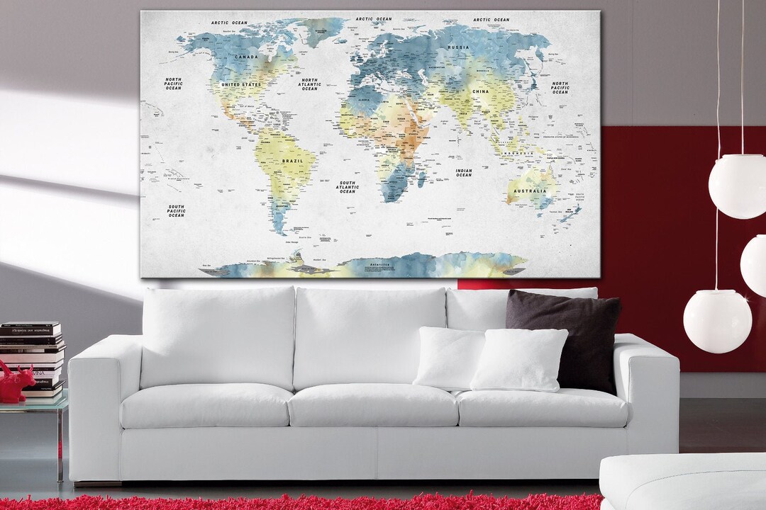 Canvas Push Pin World Map Original Decor World Map Print Push Pin Map ...