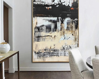 Neutral Abstract Wall Art – Beige and Black Textured Canvas 39&quot;x25&quot;