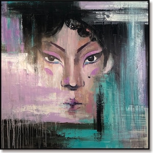 Large Abstract Female Face Painting: Expressionist Portrait Art