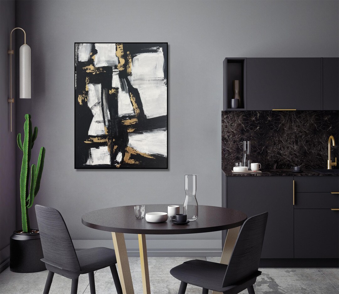 Abstract Black and White Painting – Gold Leaf Modern Wall Art ...