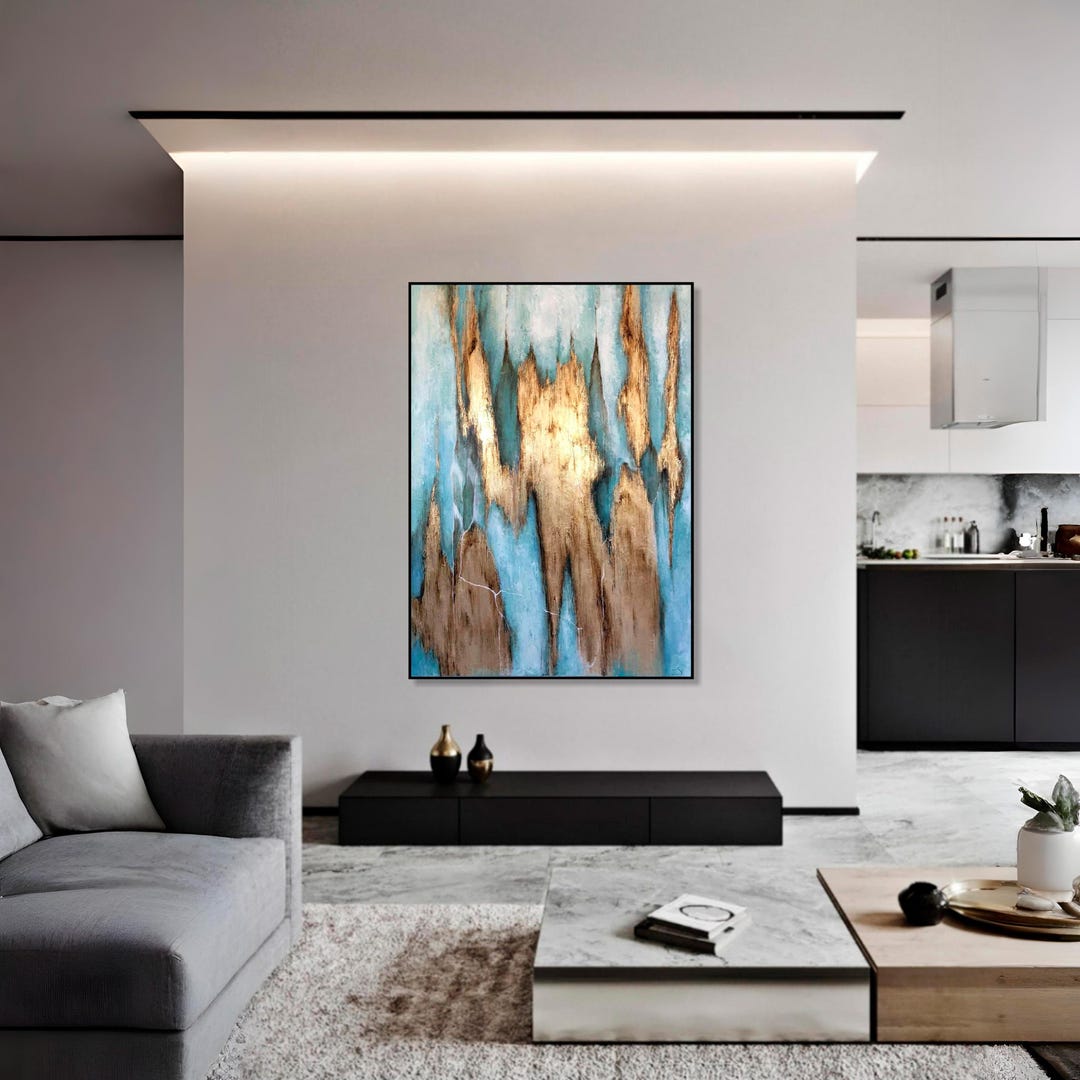 Large Gold Blue Abstract Painting Textured Impasto Canvas Modern Luxury ...