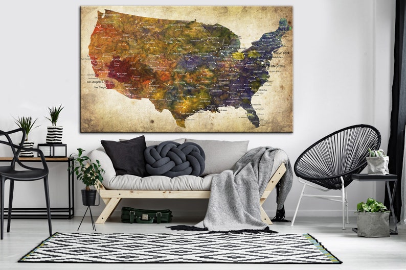 United States Map Large Wall Art USA Map Canvas Print Original Travel Artwork Custom Push Pin Map Gift North America Map Poster Home Decor image 1