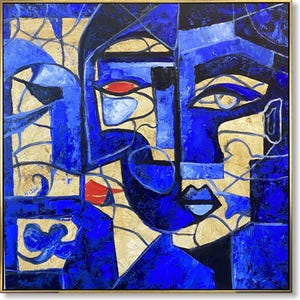 Original Abstract Cubist Faces Textured Painting on Canvas Contemporary Dual Portrait Bold Blue and Gold Colors Original Wall Decor 32"x32"