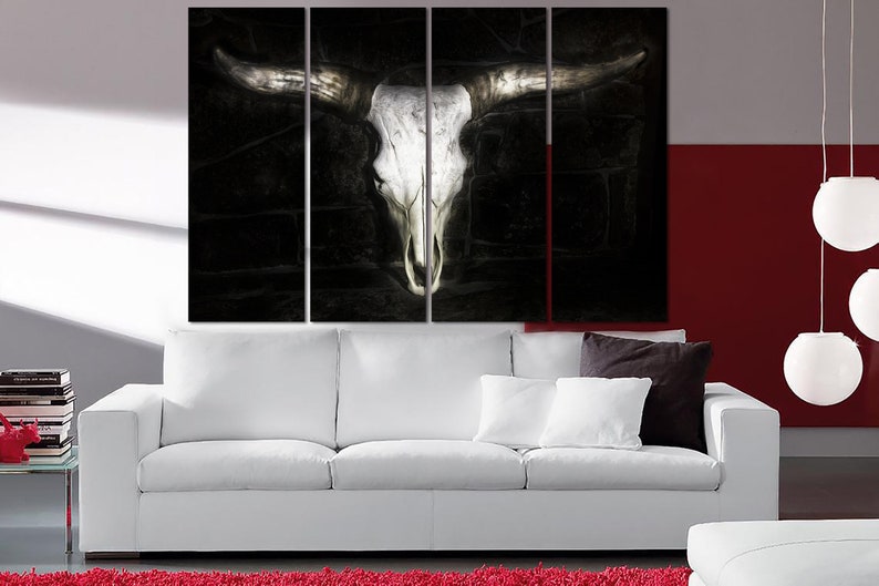 Bull Skull Print on Canvas Big Horns Wall Art Animal Skull Poster Multi Panel Wall Art Buffalo Horns Print for Indie Room Decor image 3