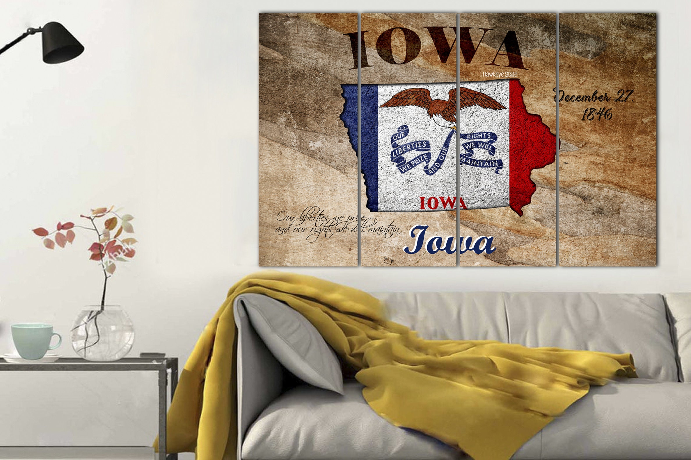 Iowa State Map Canvas Wall Art Iowa State Flag Art Wooden Etsy