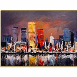 Groot abstract stadsgezicht schilderij levendige gewaagde skyline kunst kleurrijke stedelijke getextureerde olieverfschilderij modern acryl muur decor voor thuis 40 "x 54"