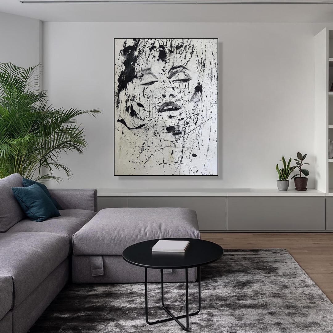 Large Abstract Face Painting Black and White Expressionist Portrait ...