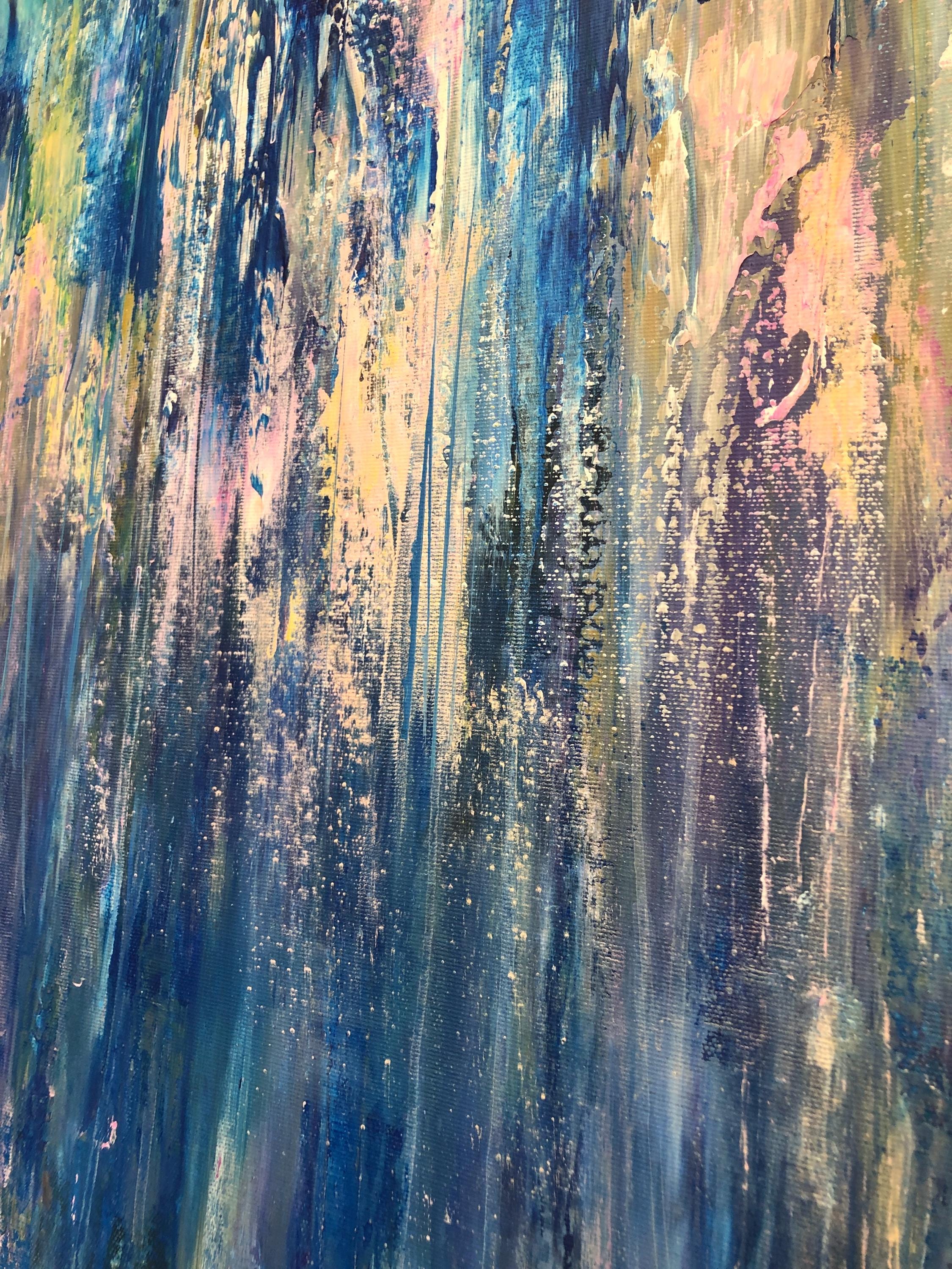 キャンバスに描かれた大きな抽象的な青とピンクのアクリル画（54インチ