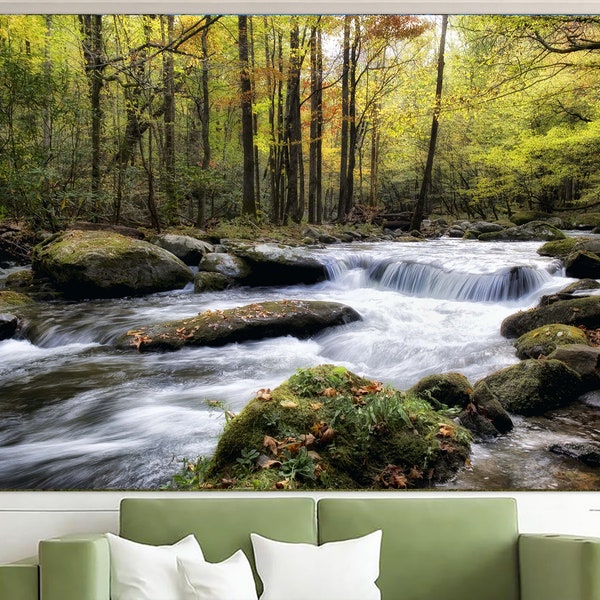 Beautiful Green Forest Waterfall Stream Rocks Trees Leaves Home Bedroom Decor Wall Art Poster Canvas Art Forest Stream Picture Bedroom Decor