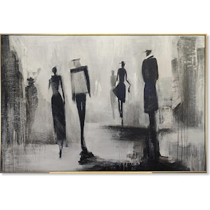 Modern Black and White Cityscape Figure Painting on Canvas Minimalist Urban Silhouette Art Modern Home or Office Wall Decor 30&quot;x46&quot;