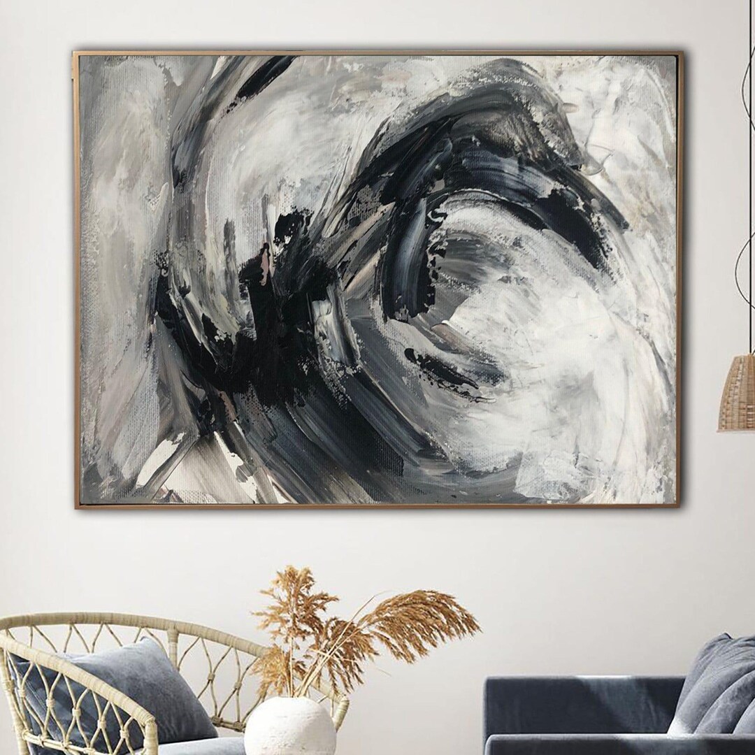 Large Black and White Abstract Painting Textured Canvas Wall Art Modern ...