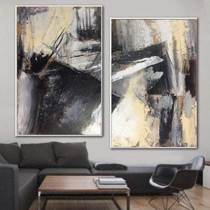 Abstract Diptych Canvas Art - Modern Black and Gold Painting - Set of Two Large Neutral Wall Art Pieces - Contemporary Minimalist Home Decor