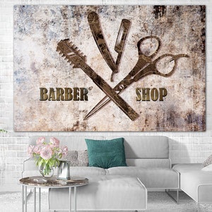 Barber Shop Sign Print on Canvas Salon Art Print Barber Logo Poster Hairdressers Shop Print Vintage Looking Sign Wall Art for Salon Decor 画像 2