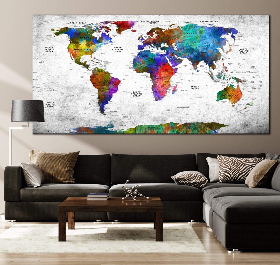 Watercolor World Map Canvas Print, Colorful Abstract Modern Travel Wall ...