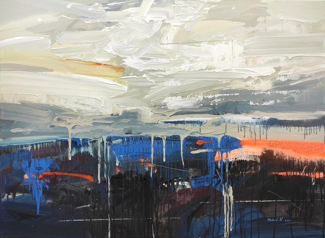 抽象的な空の絵画：テクスチャのあるアクリルアート、表現力豊か