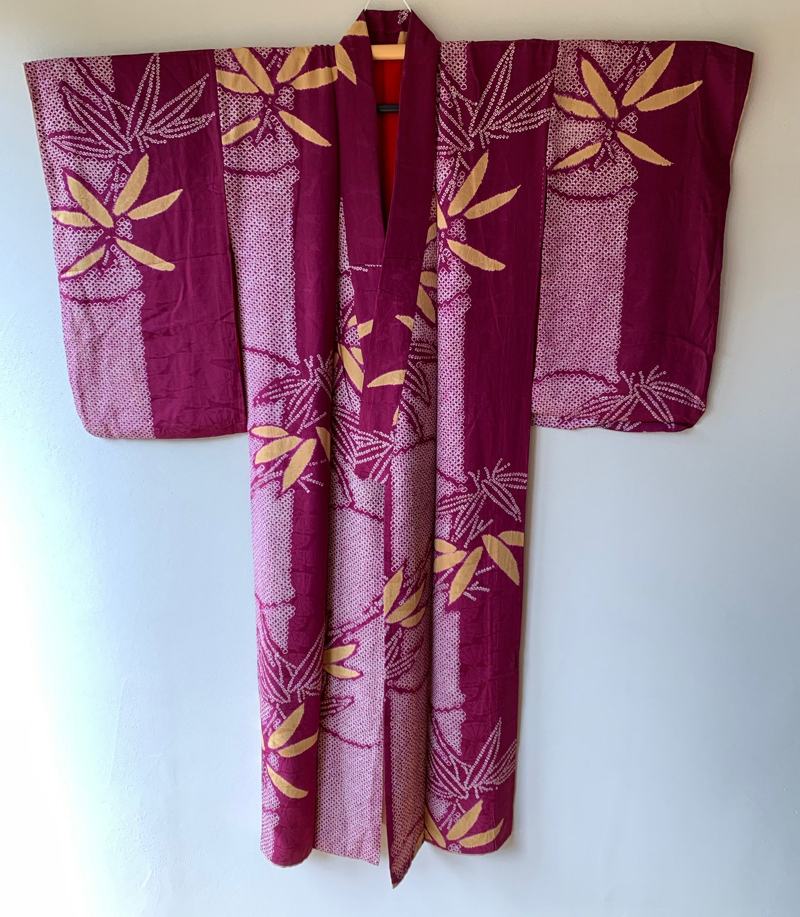 Antique Japanese Kimono Komon Silk shibori bamboo dark wine | Etsy
