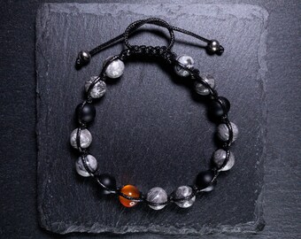 Onyx Gray Jasper and Carnelian AAA 8mm Braided Bracelet | Perfect Gift Man Boy | Adjustable | Suitable for those who are Determined