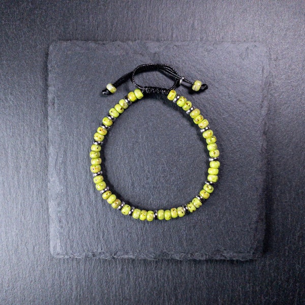 Adjustable Bracelet | 925 Silver Rondelle and Miyuki Chartreuse Green Seed Beads | Particular and Unique Slim Bracelet | Modern Style