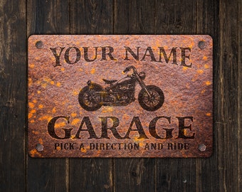 Motorcycle Sign | Custom Biker Garage | Personalized Metal Sign | Rusted Design