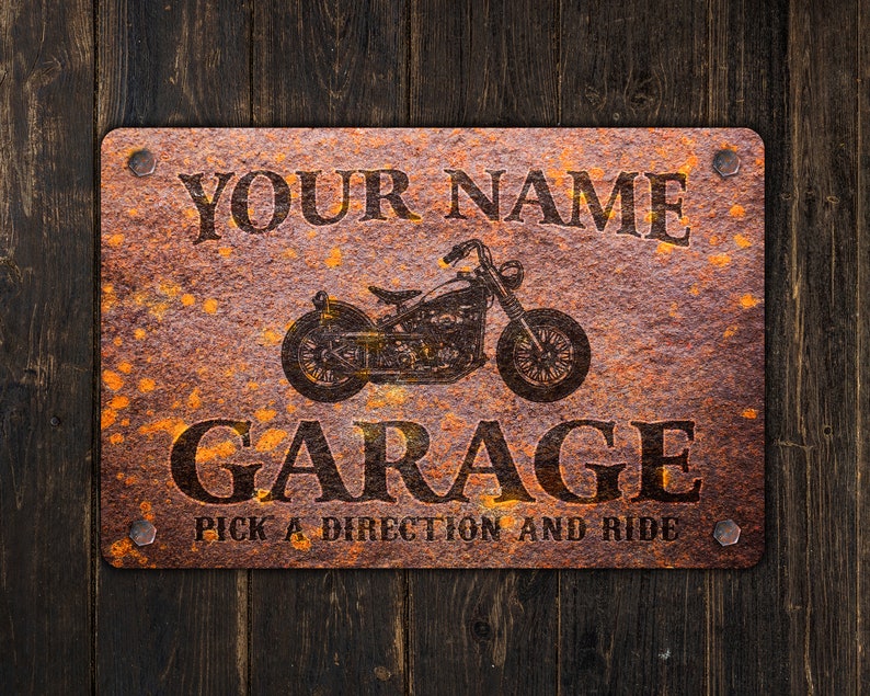Panneau moto Garage pour motards personnalisé Plaque en métal personnalisée Design rouillé image 1