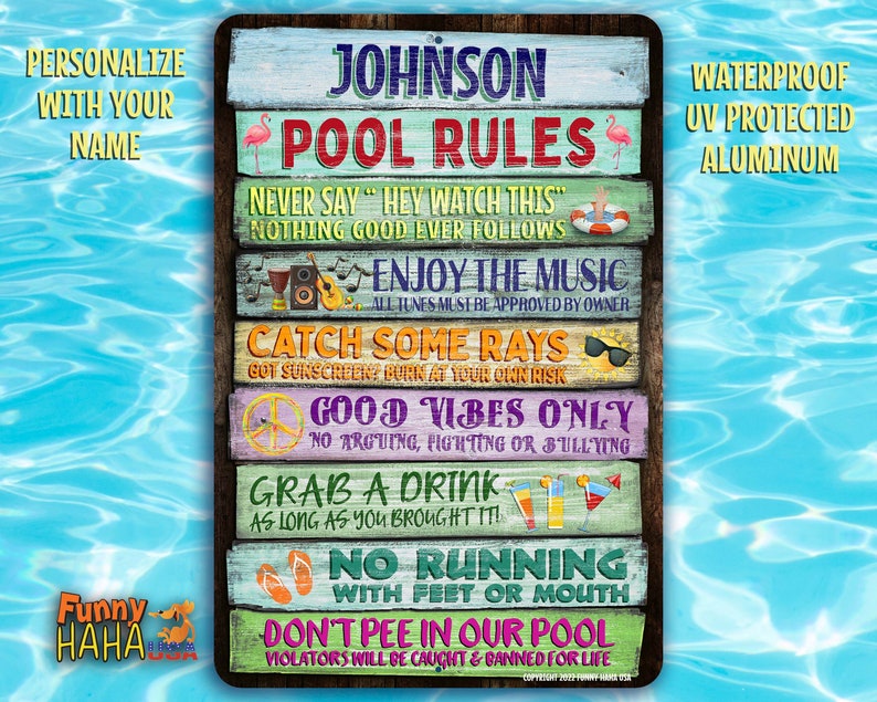 Personalized Pool Rules Sign Funny Swimming Decor Pool Bar Etsy