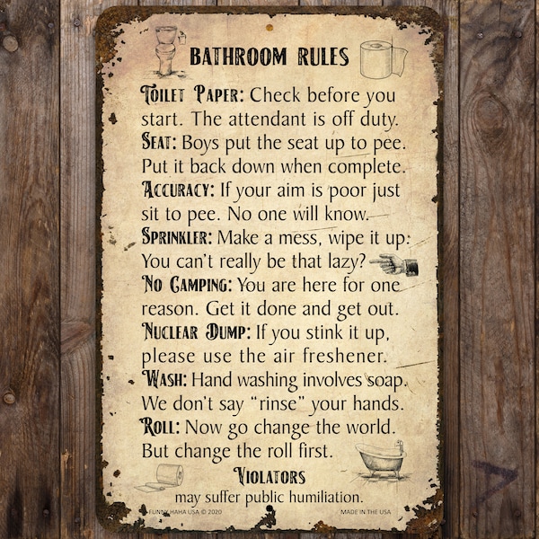 Bathroom Rules Antique-Style Funny Metal Sign