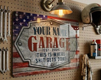 American Garage Sign, Customizable Metal Wall Decor